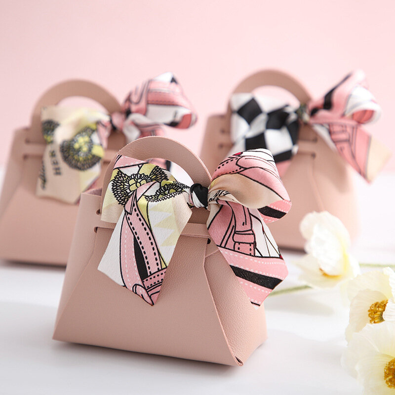Mini Handbag With Ribbon Creative Foldable PU Leather Kids Gilrs Princess Handbag Coin Purses Wedding Decor Candy Bag Key Pouch