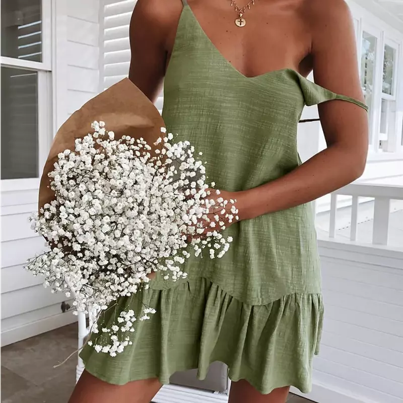 Letnie seksowne Spaghetti z dekoltem w szpic sukienka z lamówką damskie bawełniane lniane zielone sukienki w kształcie linii Mini sukienka letnia na imprezę plażową z odkrytymi ramionami