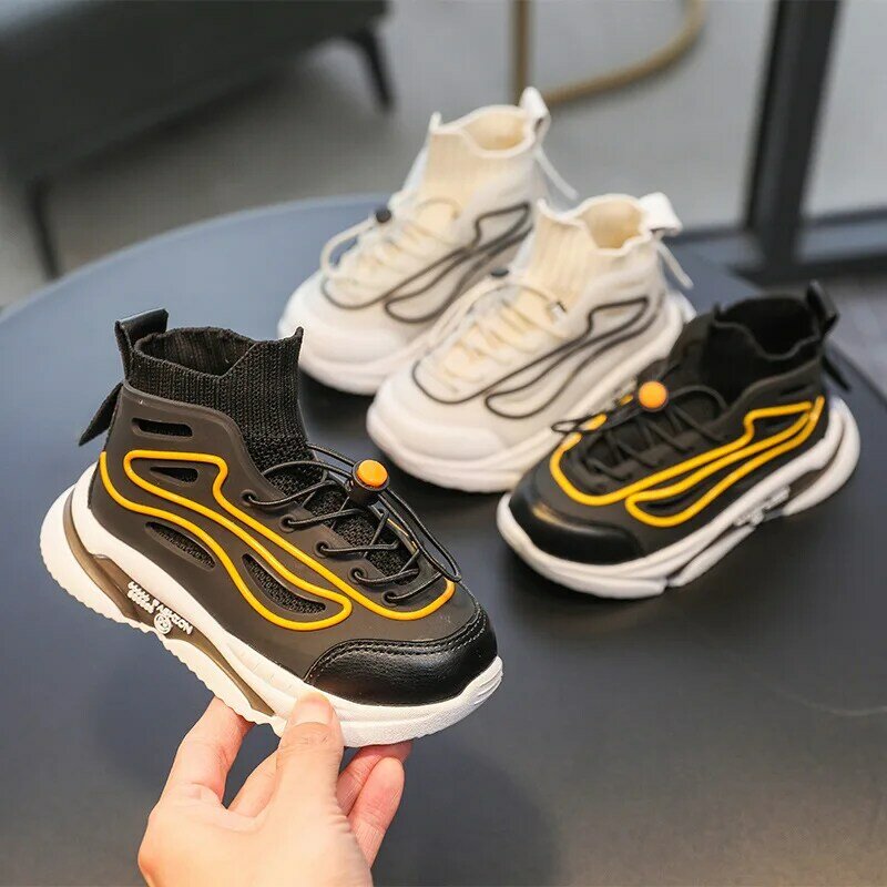 Primavera crianças moda high-top tênis legal 2022 preto antiderrapante simples meias sapatos esportivos para meninos macio fundo grosso antiderrapante novo