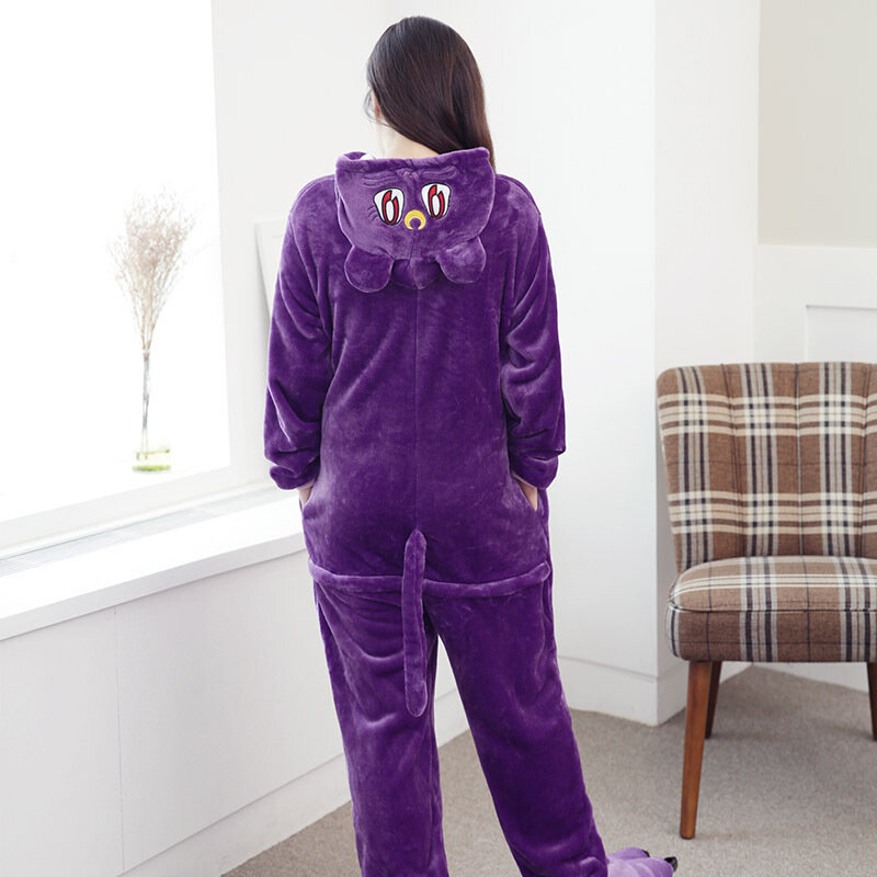 Grote Ogen Paarse Kat Onesies Volwassen Pyjama Jumpsuit Nachtkleding Nachtjapon Warme Flanellen Jumpsuit Homewear