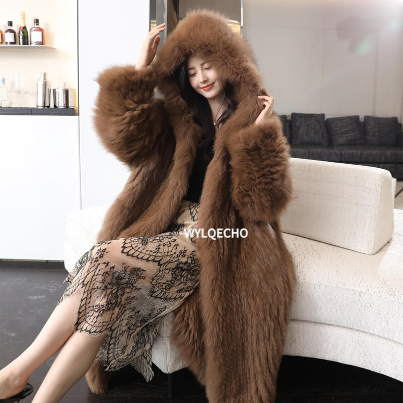 Manteau en fausse fourrure de renard à capuche pour femme, pardessus longs d'hiver de luxe, veste féminine, peluche à revers, grande taille