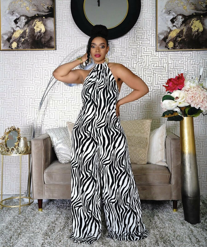Женский элегантный цельный комбинезон-Холтер с принтом зебры, дизайнерские брюки с широкими штанинами, летний модный комбинезон 2023