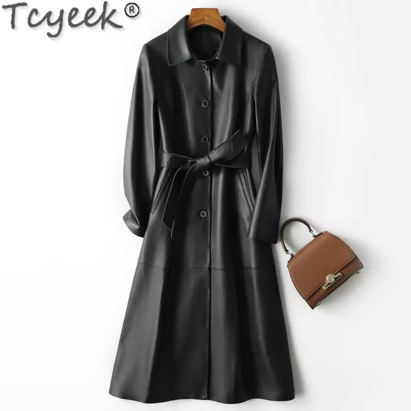 Tcyeek-정품 양피 가죽 자켓, 봄 벨트 코트, 여성 의류, 실크 롱 자켓, 블랙 트렌치 코트, 캐주얼 여성 의류