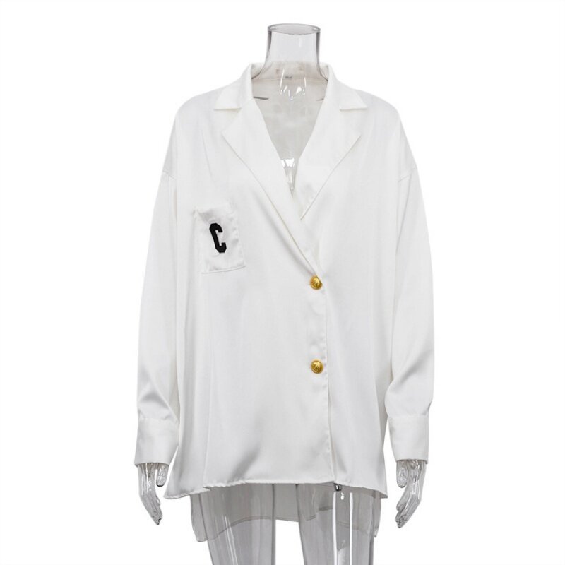 Camicia allentata a maniche lunghe con colletto alla moda da donna, drappeggio in raso, camicia bianca All-Match TopWlj