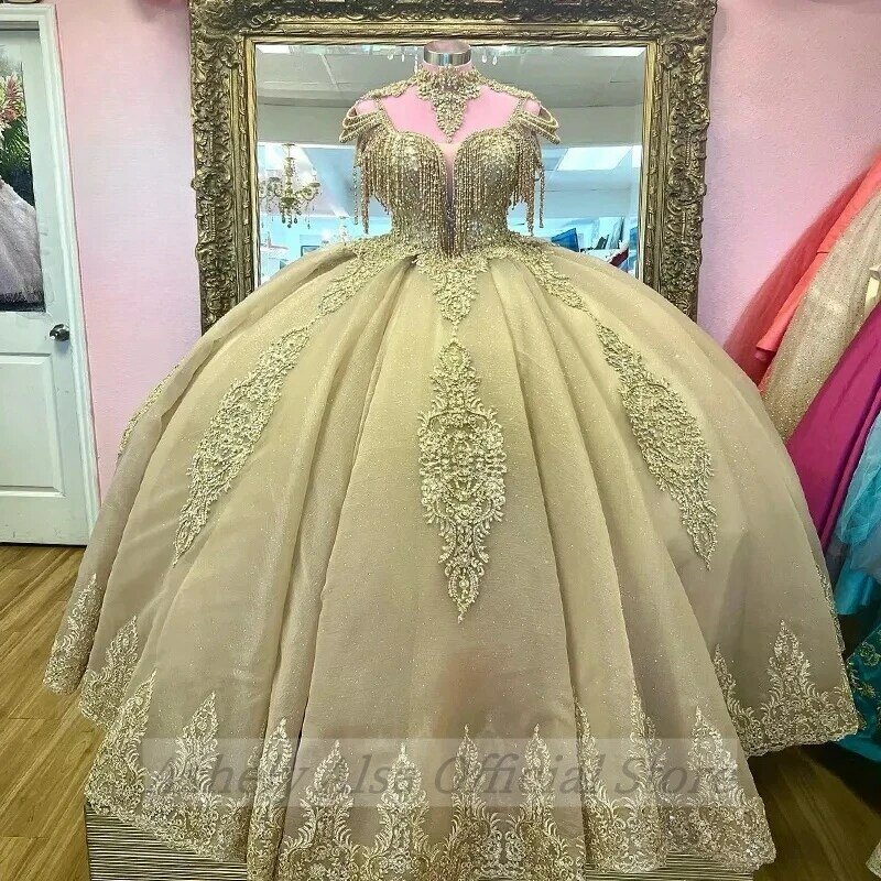 Prawdziwe zdjęcie saudyjskoarabski księżniczki z koralikami Quinceanera sukienki na szyję kryształowej sukni balowej suknia na przyjęcie urodzinowe przedsionku 15 16