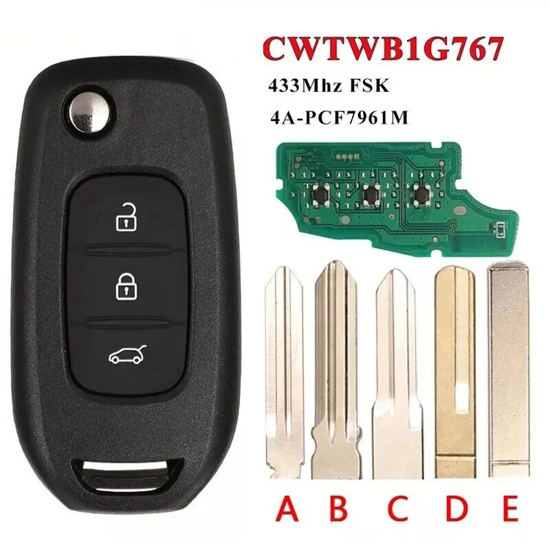 Chave flip de reposição, botão 3, 433Mhz, PCF7961M, chip 4A, CWTWB1G767, Renault Captur 3 Logan 2, Dacia Duster, CN010075