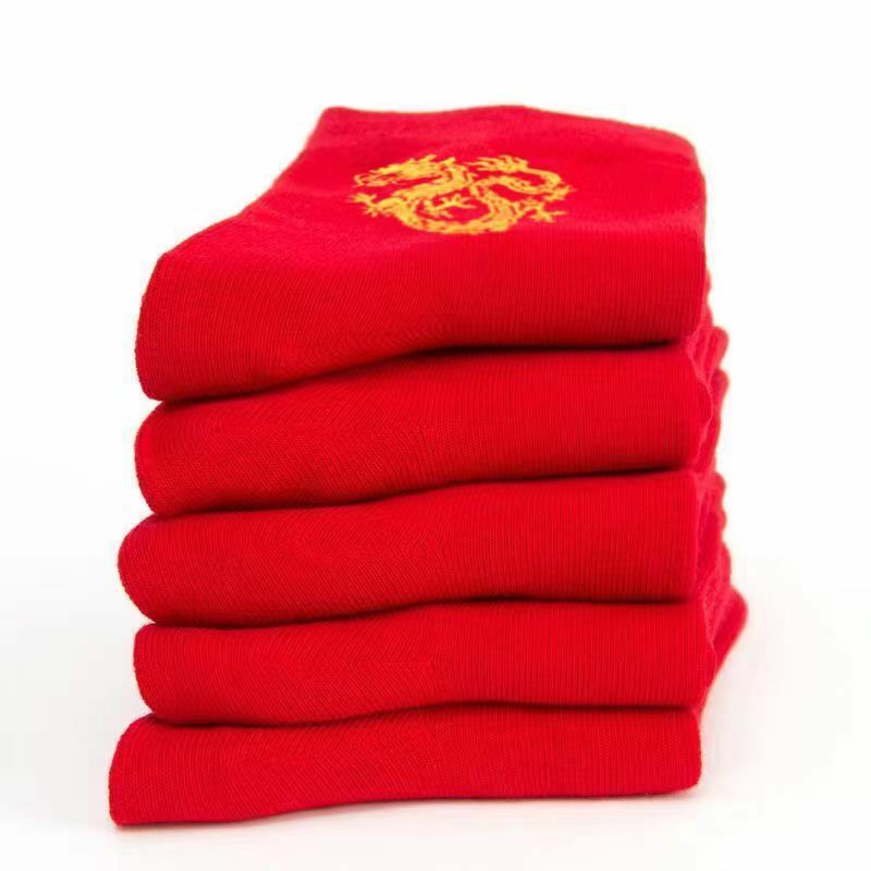 Chaussettes rouges absorbant la transpiration pour hommes et femmes, tube moyen, grandes chaussettes rouges, année du dragon, année Christophe, couple