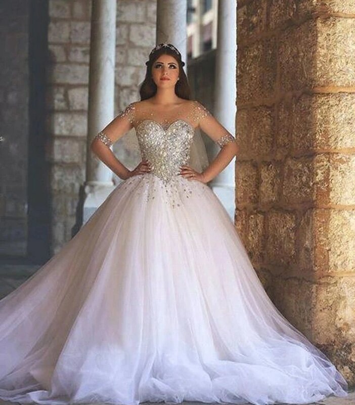 럭셔리 아랍어 두바이 긴 소매 웨딩 드레스, A 라인 쉬어 스쿠프 넥 페르시 신부 가운, 여성용 튤 Vestidos De Novia
