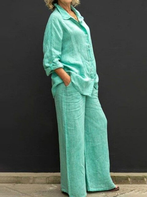 Camicia Casual in lino da donna Set da 2 pezzi camicetta e pantaloni con bottoni a maniche lunghe con risvolto alla moda abiti larghi con pantaloni a gamba larga
