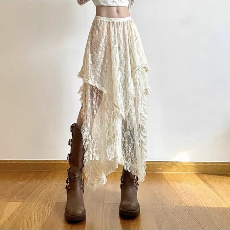 HOUZHOU Asymmetrical Lace Skirt Women Summer Y2k Fairycore Low Waist A-line Vintage Transparent Midi Skirt Boho Beach Holiday