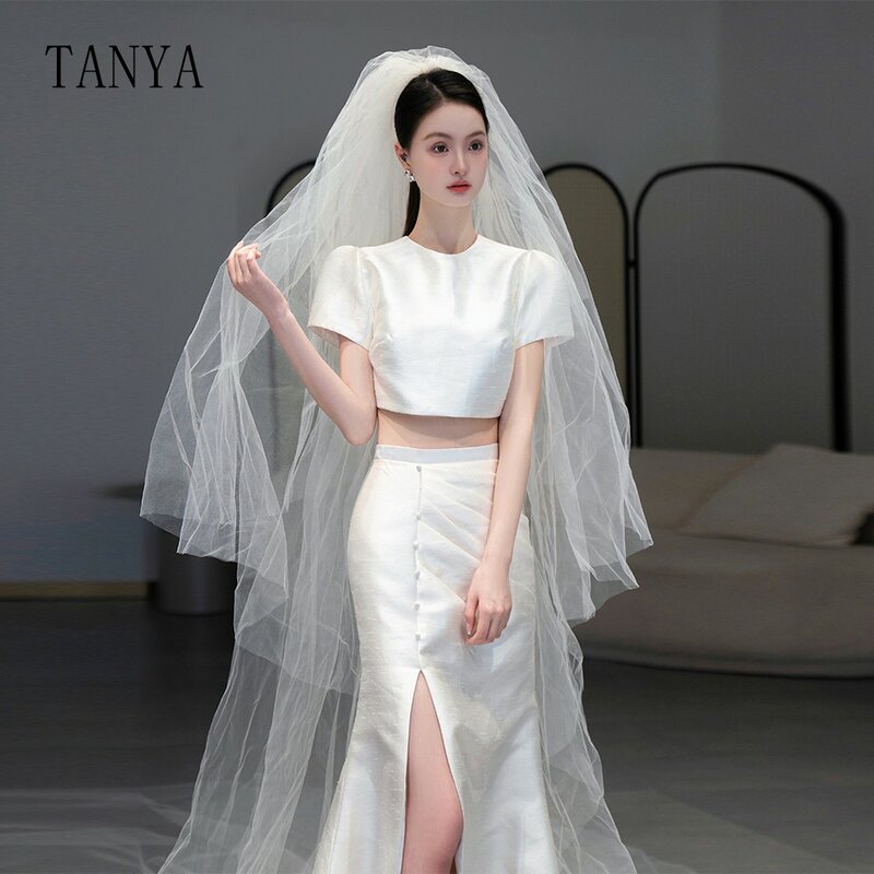 O leher Satin putri duyung gaun pernikahan modis dua potong sisi tinggi lengan pendek menyapu gaun pengantin Chic TSWD228