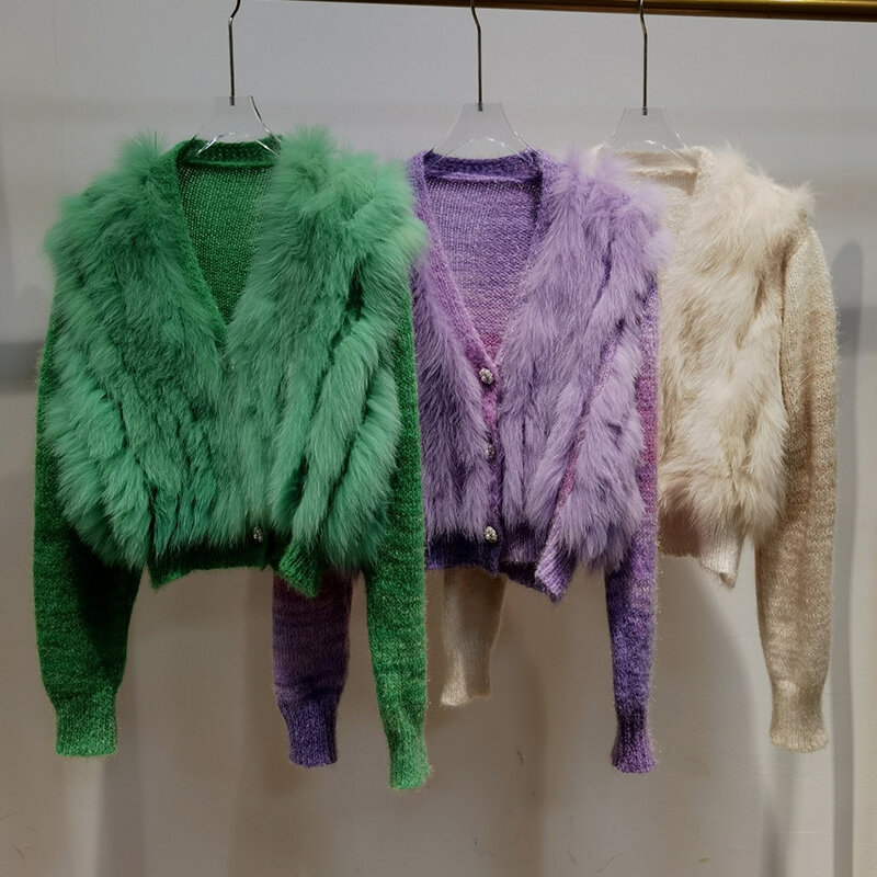 Mantel Sweter Mode Wanita Dekorasi Luar Bersama Jahitan Garis Bulu Rubah Musim Semi Longgar Longgar Bulu Rubah Asli Wanita
