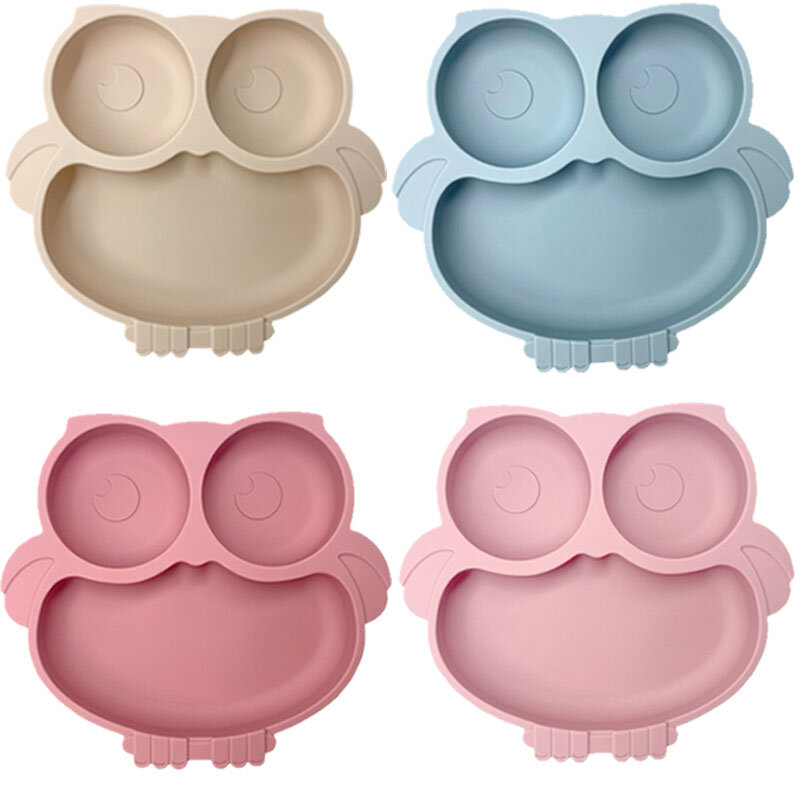 BPA Free Cute Owl Children Dishes Suction Plates Silicone Baby Dining Plate for Toddlers Baby Training Feeding Sucker Bowl