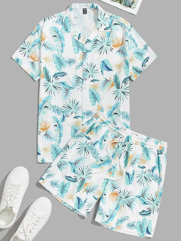 Men's and Women's Summer Short Sleeve Shirt Set Tropical Plant Flower Print Fashion Lapel Button Top Shorts