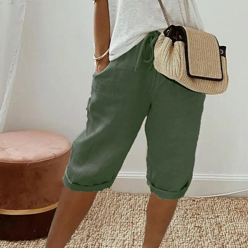 กางเกงเอวยืดได้สไตล์วินเทจกางเกงยาวถึงเข่าระบายอากาศได้ดีมีกระเป๋าสำหรับผู้หญิง celana Panjang Kolor เอวยางยืดสีพื้น