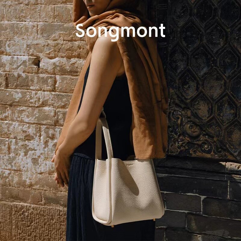 Songmont 여성용 천연 가죽 야채 바구니, 싱글 숄더 대각선 스트래들 백, 대용량 핸드백, 럭셔리 브랜드