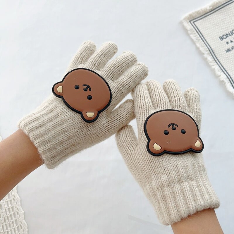 Милые детские вязаные перчатки, красочные трикотажные зимние теплые перчатки с рисунком маленького медведя