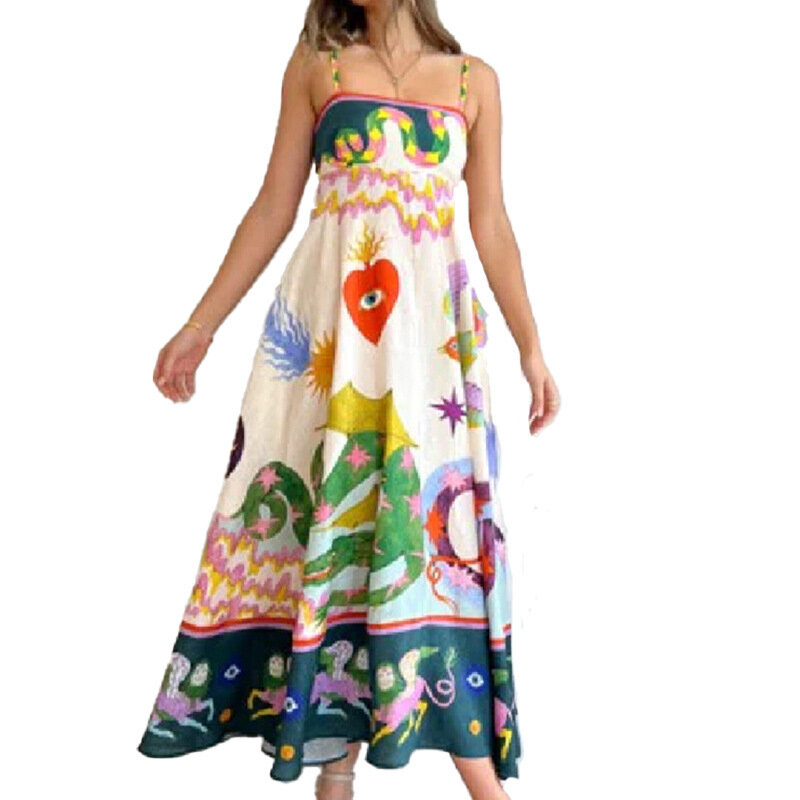 Женское платье на бретельках, Элегантное повседневное платье в богемном пляжном стиле с высокой талией и принтом, лето 2024