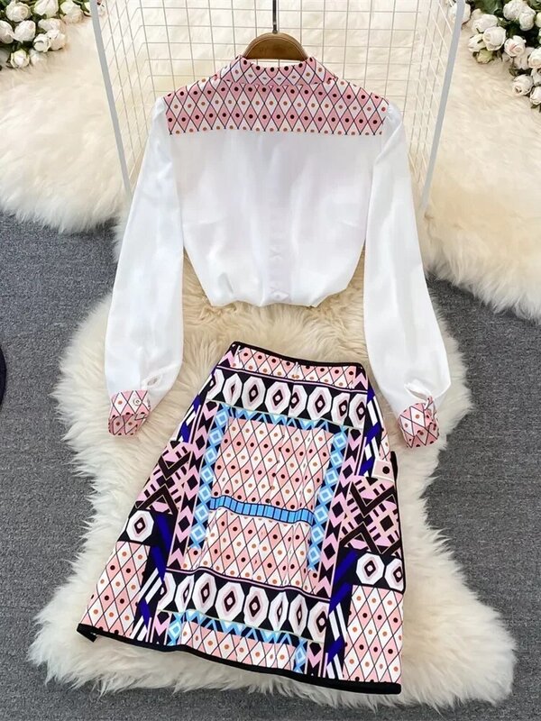 Nowa moda Wybieg Letnia spódnica Garnitur Damska bluzka z geometrycznym nadrukiem konia i spódnica z kieszeniami i guzikami 2-częściowy zestaw