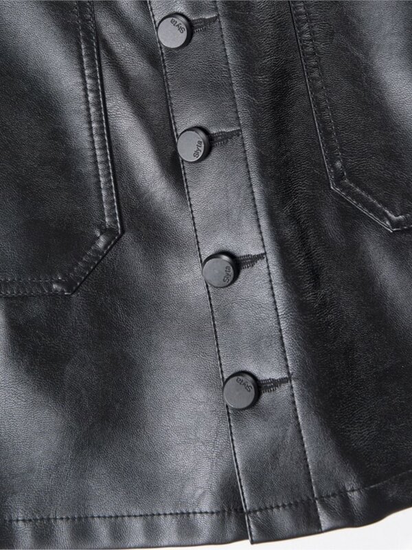 عالية الخصر بولي Leather الجلود تنورة صغيرة موضة جديدة الخريف الشتاء بولي Pockets جيوب زر صغير ألف خط التنانير السوداء تنورة الإناث