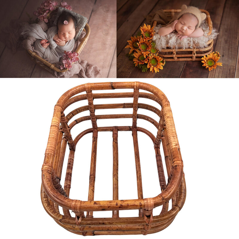 Nuovi oggetti di scena per la fotografia appena nati sedia in Rattan di bambù Vintage fatta a mano in legno lettino per neonati culla per bambini Studio in posa accessorio per divano