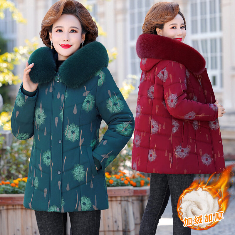 Veste d'hiver en coton pour femmes d'âge moyen, manteau chaud épais en molleton imprimé Floral, parka grande taille à capuche pour dames