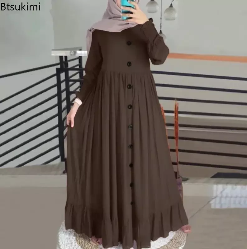 Mulher muçulmana vestido longo com manga pétala, bainha do plissado, algodão, linho, casual, maxi, nova moda