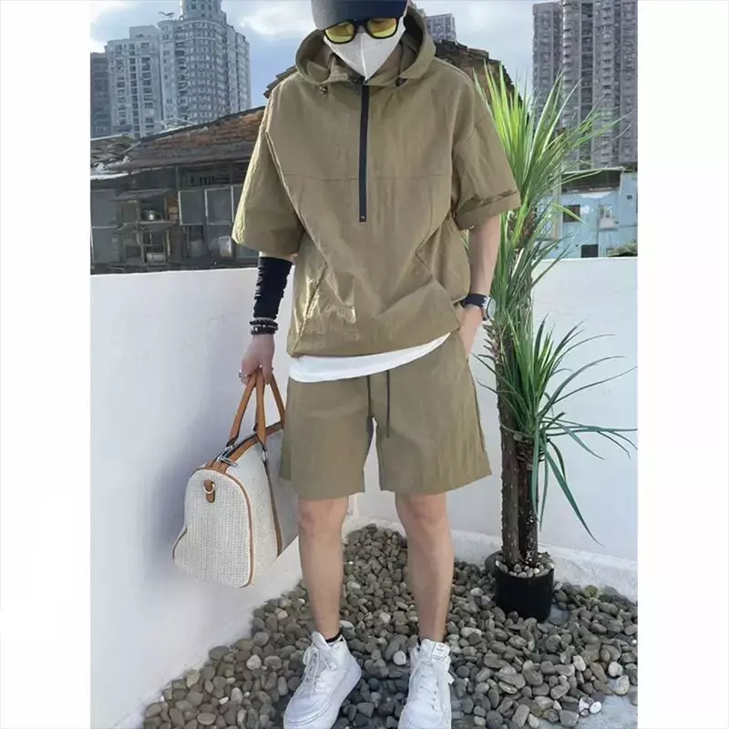 Summer Cargo Style Set Men's Casual Hooded Solid Short Sleeve T-shirt Shorts Loose Fashion High Quality Handsome Sweatshirt Suit