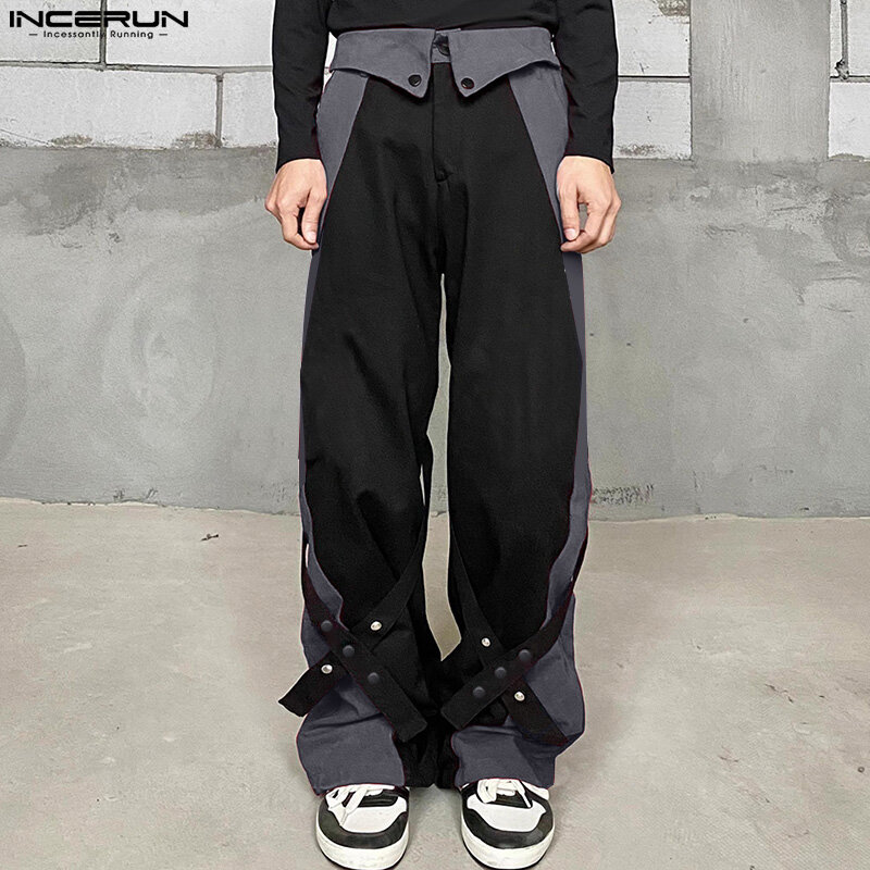 INCERUN celana panjang pria, S-5XL pantalon pantalon desain silang kain perca kasual gaya Korea warna kontras 2024