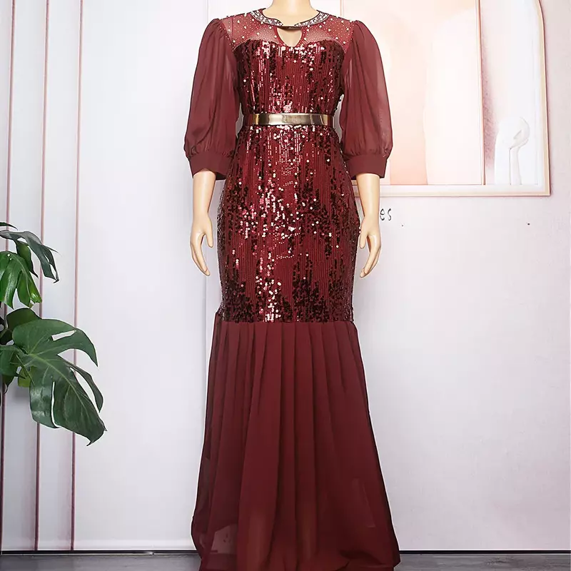 Afrykańska damska Plus size nowa z okrągłym dekoltem najnowsza diamentowa cekinowa suknia wieczorowa stylowa sukienka S9378