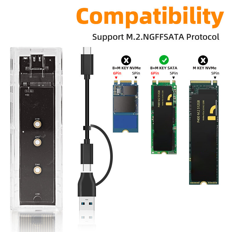M.2 NVME PCIe NGFF SATA casing SSD ganda jelas USB Tipe C 10Gbps PCI-E M2 SSD transparan kotak Hard Disk kandang eksternal