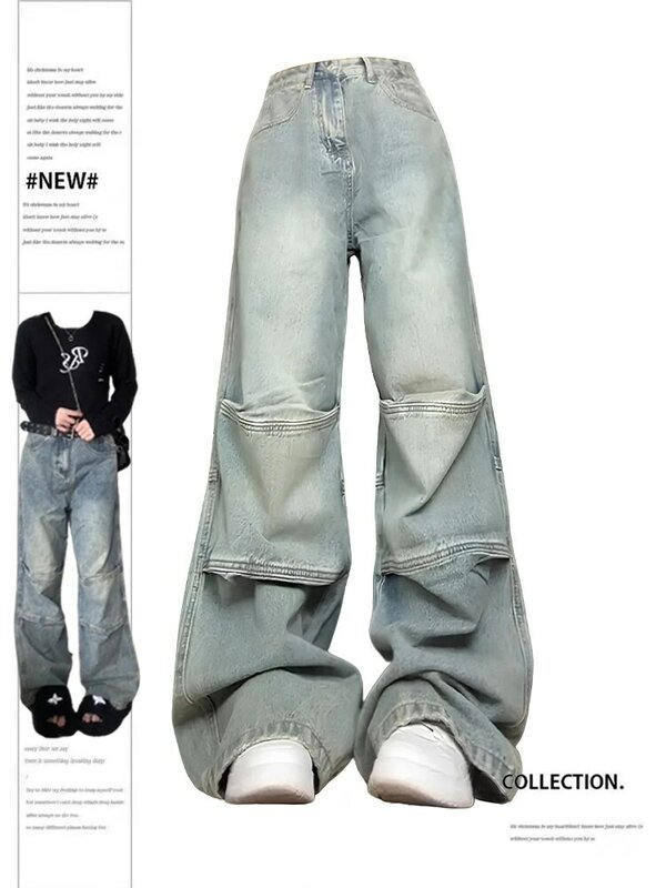 Calça jeans azul grande feminina, streetwear estética Harajuku, calça jeans Y2k, calças largas largas largas, roupas da moda vintage, anos 2000