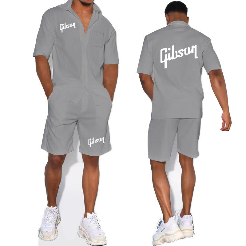 Abito manica corta da uomo per le vacanze al mare stampa Gibson nuova camicia di lino in cotone + pantaloncini 2 set completo da uomo fitness sciolto tinta unita
