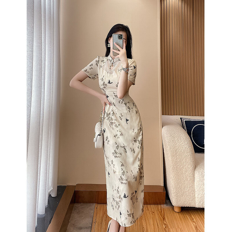 2023 nowy długie Qipao smukły Vintage kobiety letnia sukienka z krótkim rękawem chiński styl tradycyjny koronkowa, Qipao S do XXL