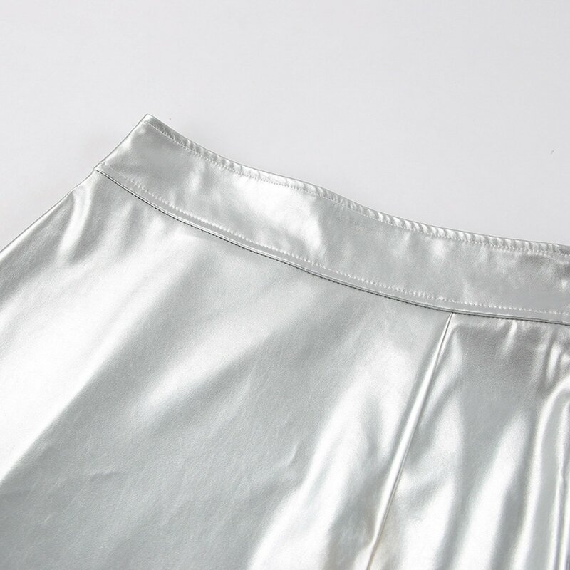 2024 Silver Split High-waisted Skirt Leather Skirt Stylish High-end Women's Midi Skirt 2024 Autumn New Woman Clothing
