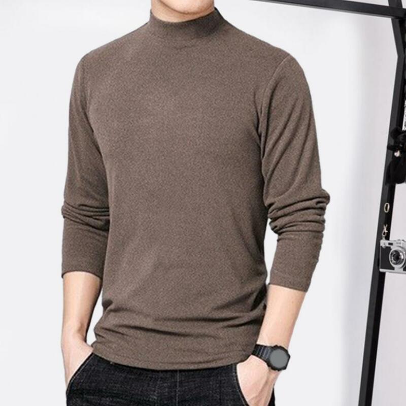 Men Solid Color Shirt Long Sleeve Top Cozy Mock Collar Sweatshirt Warm Mid-length Top for Fall Winter for Bottoming for Comfort