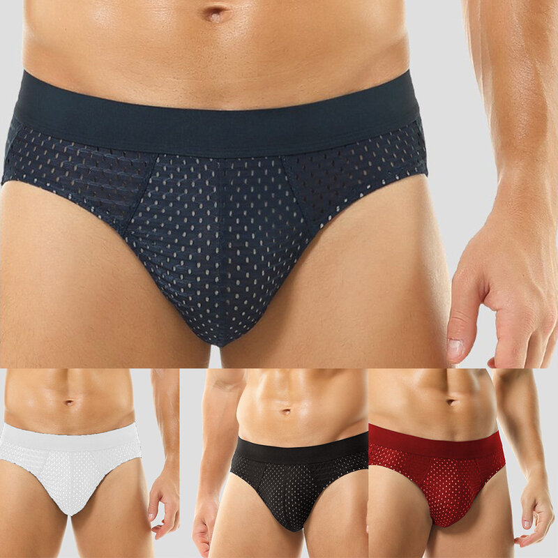 Men Ice Silk Briefs Sexy Mesh Low-rise Thong Big Pouch U Convex Underwear Hip Lift Short Trunks Breathable Solid Underpants