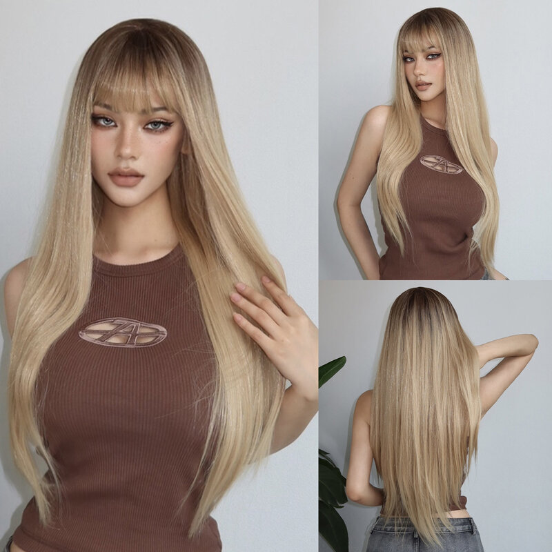 Długie proste syntetyczne peruka z grzywką SNQP dla kobiet 26-calowe blond peruka do codziennego użytku na imprezę Cosplay wysokotemperaturowego