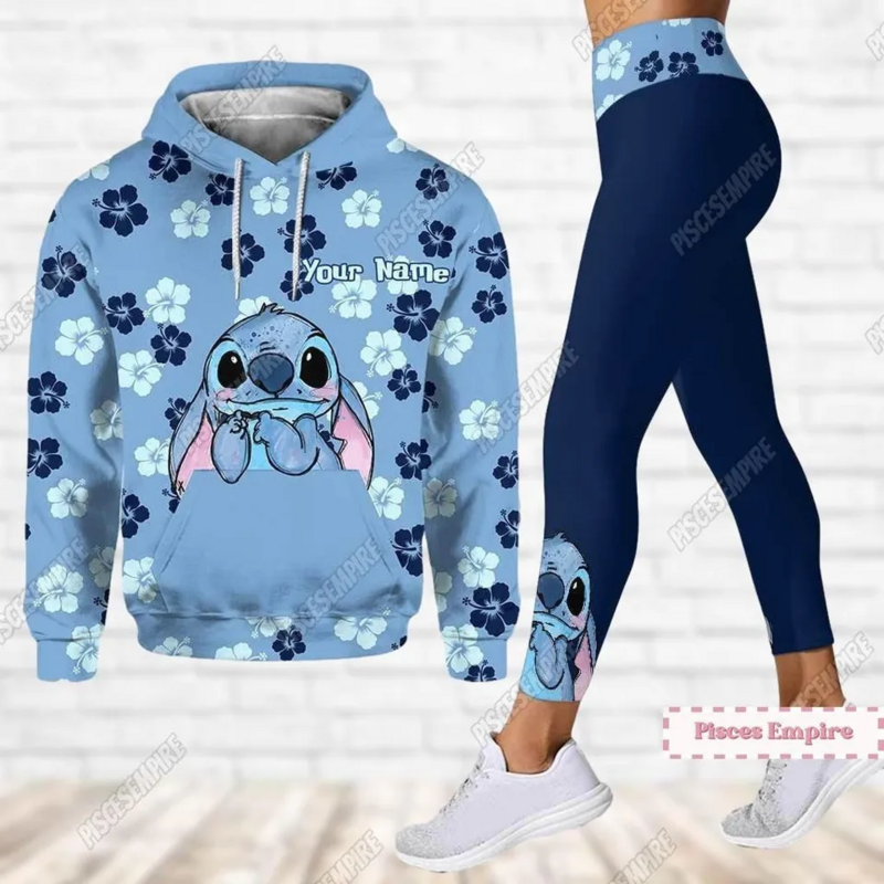 Sudadera con capucha 3D de Disney Stitch personalizada para mujer, traje de Leggings, pantalones de Yoga de puntada, pantalones de chándal, traje deportivo de moda, traje de Yoga de Disney