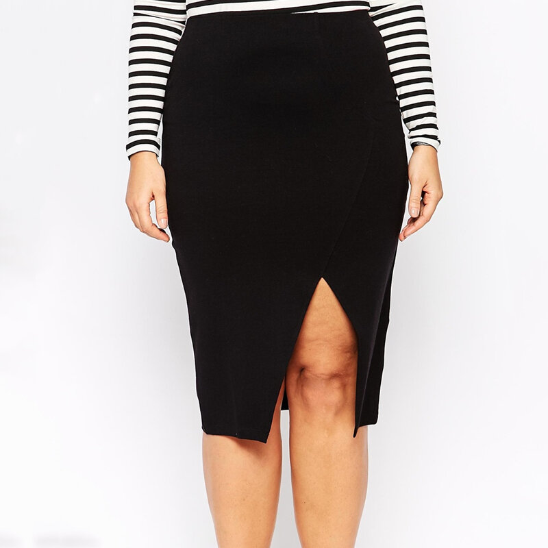 Plus Size Spring Autumn Elegant Midi Skirt Women Elastic Waist Split Black Pencil Skirt Female Large Size Bodycon Skirt 6XL 7XL