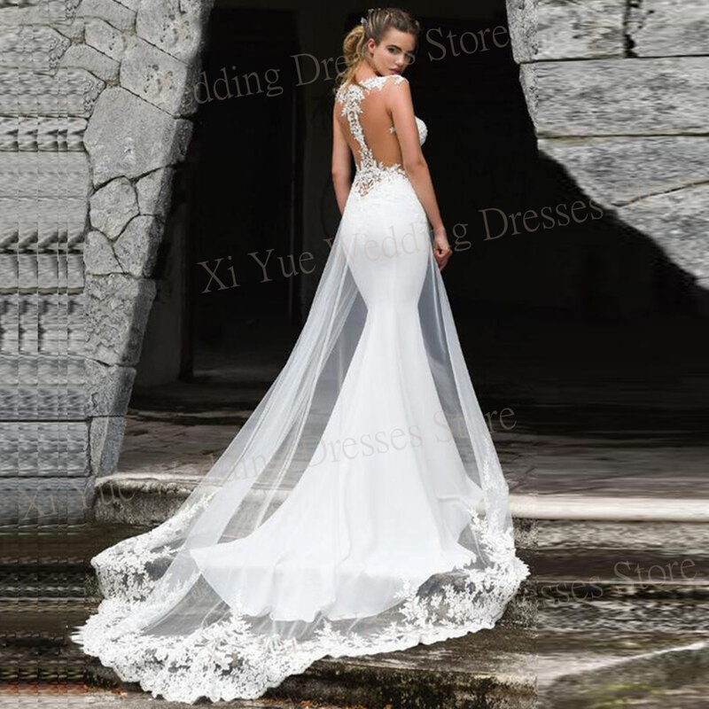 Gaun pernikahan putri duyung indah menawan seksi gaun pengantin applique renda tanpa lengan belakang tembus pandang anggun gaun pengantin wanita