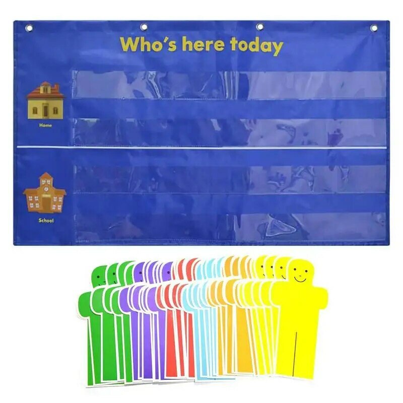 Tabla de bolsillo de asistencia para niños, 4 bolsillos visuales con 36 tarjetas de personas lindas que están aquí hoy para profesores de preescolar