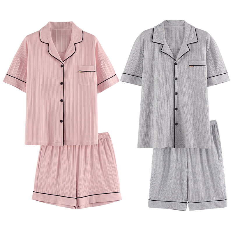 2023 Summer Pajamas Women's Short Sleeve Cotton Homewear Couples Casual Cardigan Lapel Men's Pajamas 2 Pieces Thin Section