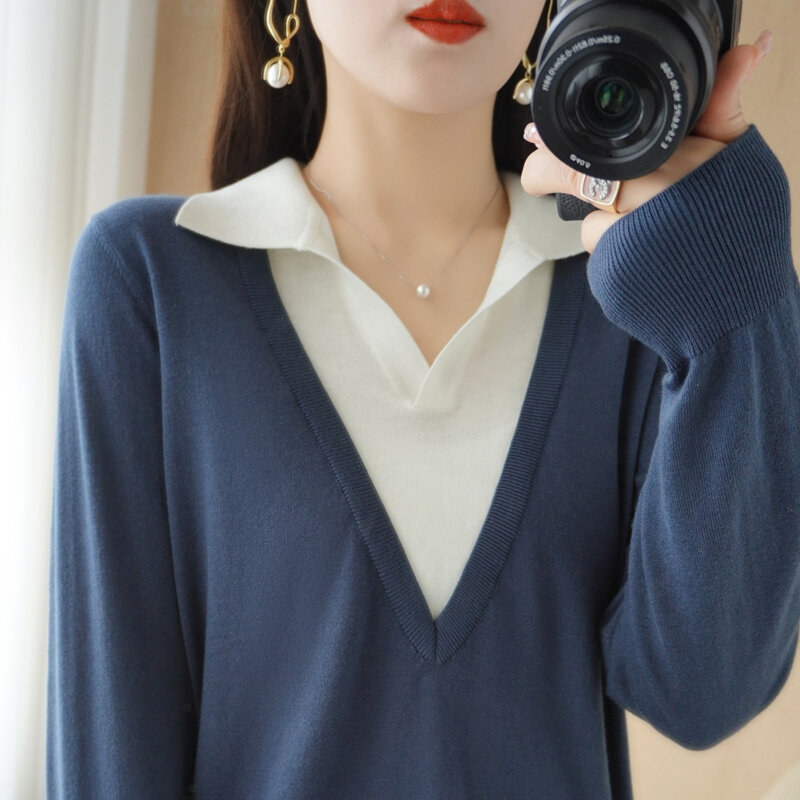 셔츠 칼라 스웨터 겉옷 가짜 2 피스 탑 여성 니트 2022 새로운 봄, 가을-긴팔 Bottoming 셔츠 조수