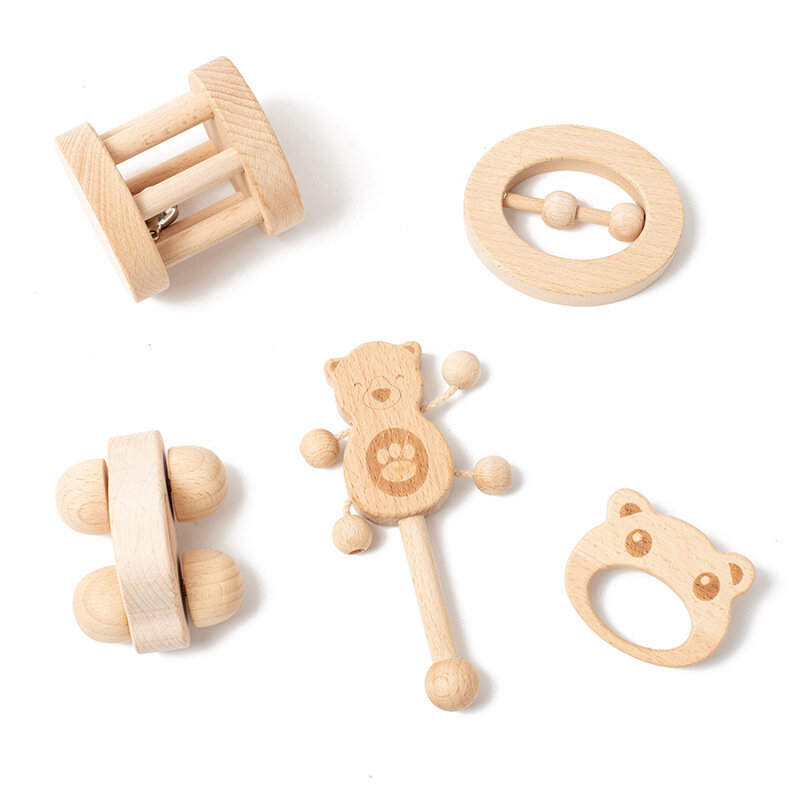 1pc Baby Toy Beech Bear Hand Teething Baby Rattles Wood Ring Cartoon Car Play Gym Montessori Stroller Toy Educational Toys
