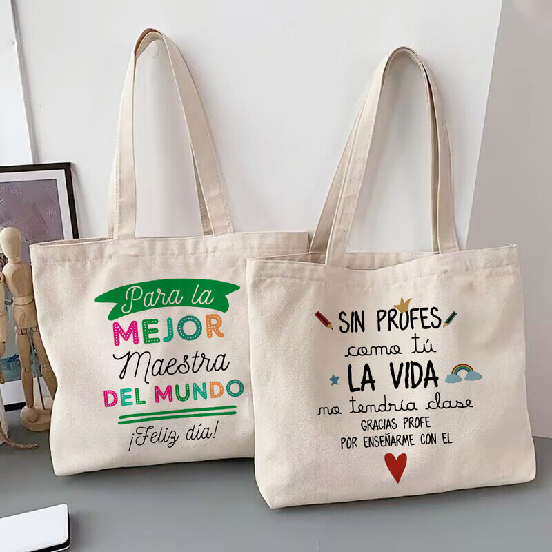 Najlepszy nauczyciel na świecie hiszpańska drukowana torba na ramię dla kobiet płócienne torby na zakupy kobiece torebki duża torba z rączkami wielokrotnego użytku prezent dla nauczyciela