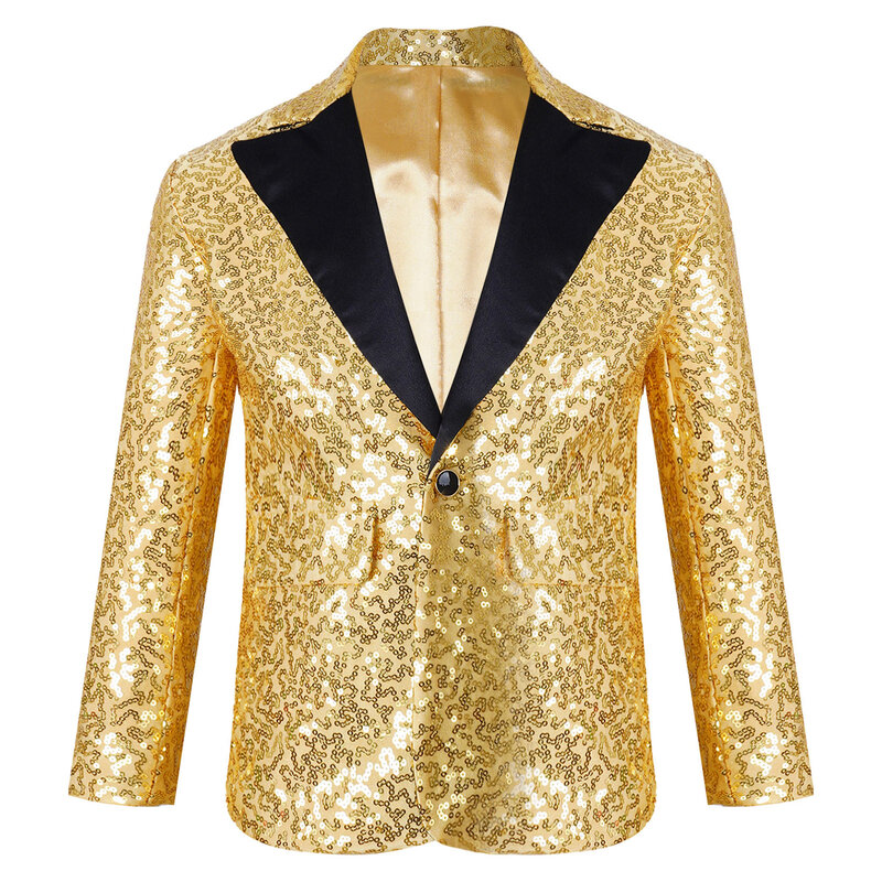 Kids Boys Jazz Dance Performance Tops Shiny Sequins Lapel One Button Suit Jacket Coat Blazer Tuxedo for Wedding Banquet Party