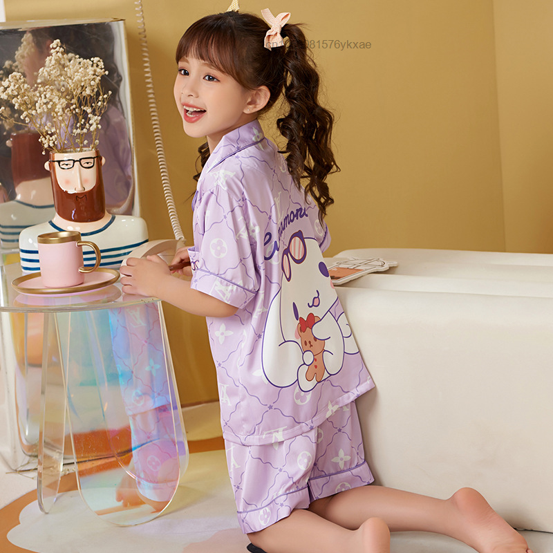 Sanrio 헬로 키티 패턴 잠옷 여름 얼음 실크 짧은 소매 얇은 어린이 정장 부모-자식 옷 편안한 잠옷