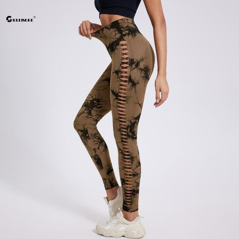 CHRLEISURE Sexy Hollow Seamless Yoga Pants Tie Dye Sport Leggings for Women Butt Lift Workout Tight