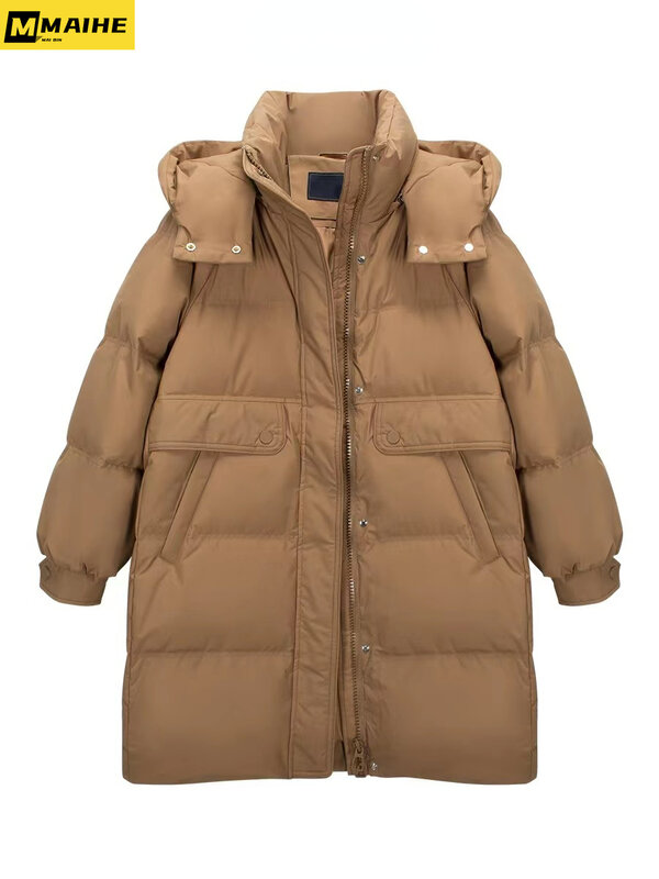 Jaket bulu angsa wanita Korea Selatan, jaket bertudung tahan angin panjang setengah tebal mewah musim dingin untuk wanita